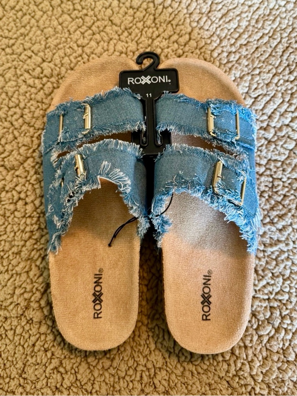 New Roxoni Denim Blue Jeans Chambray Buckle Slides Sandals 11